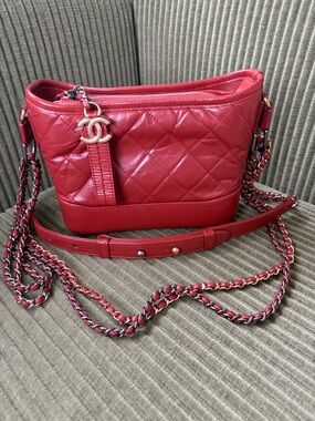 CHANEL Small Gabrielle Red Quilted Lambskin Crossbody with Chain Strap